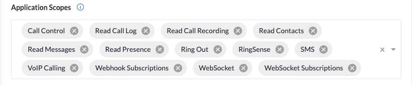 Configure the Application Scopes in the RingCentral Developer Console to define the permissions required by the Odoo integration.

