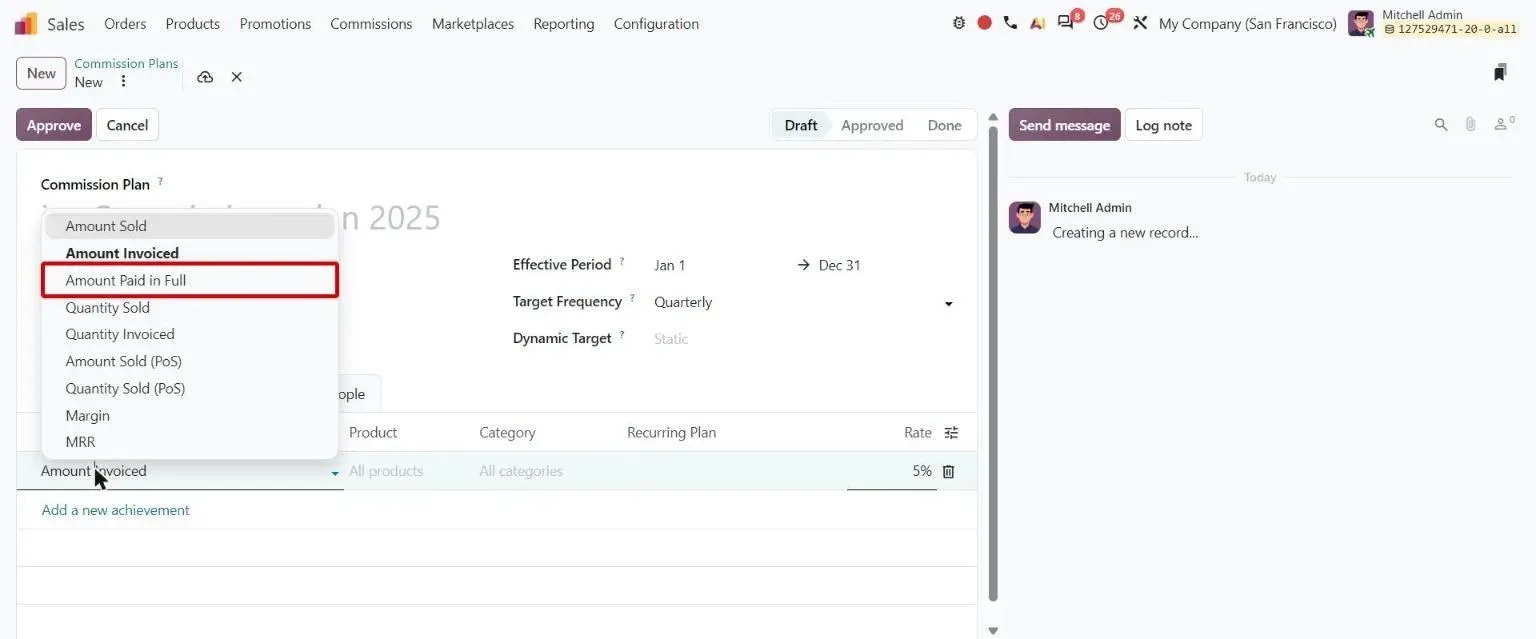 Commission plan achievement type list with new Amount Paid in Full option