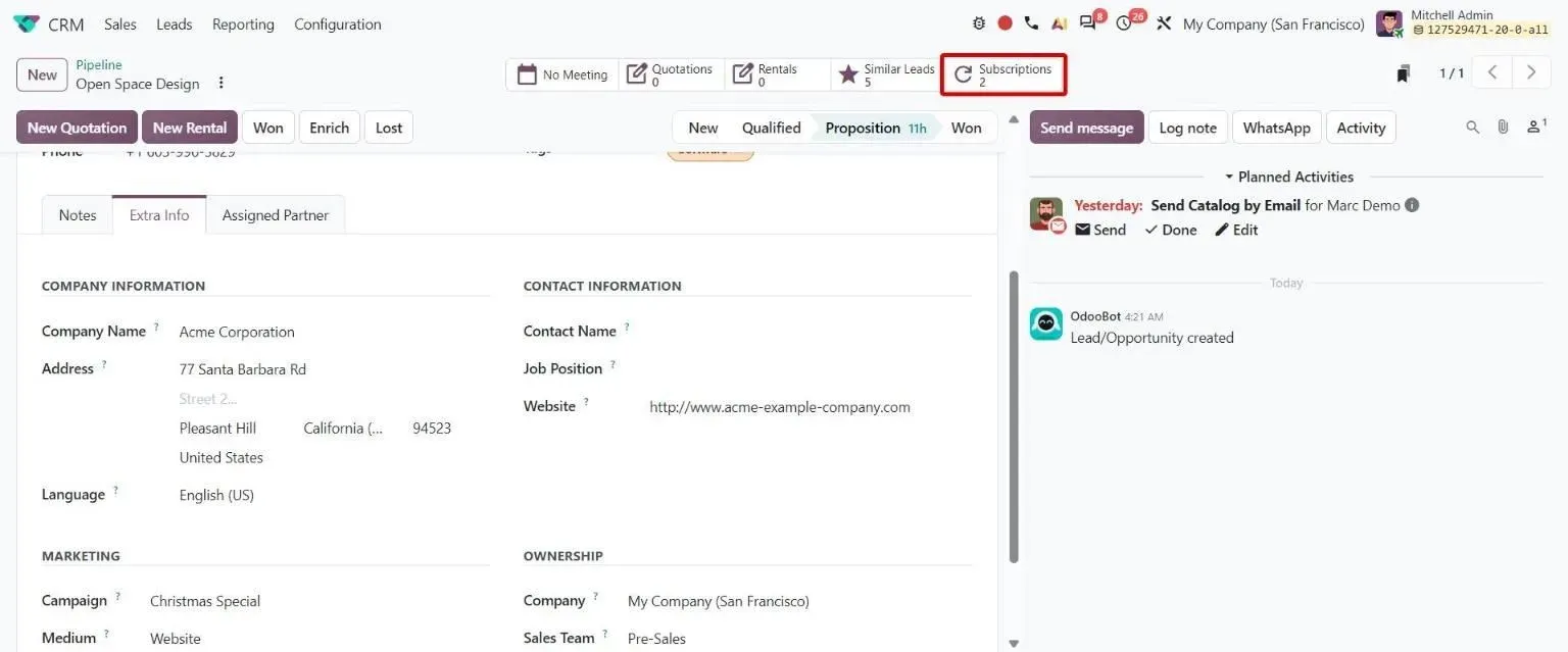 Opportunity form with new Subscriptions smart button showing customer's subscriptions