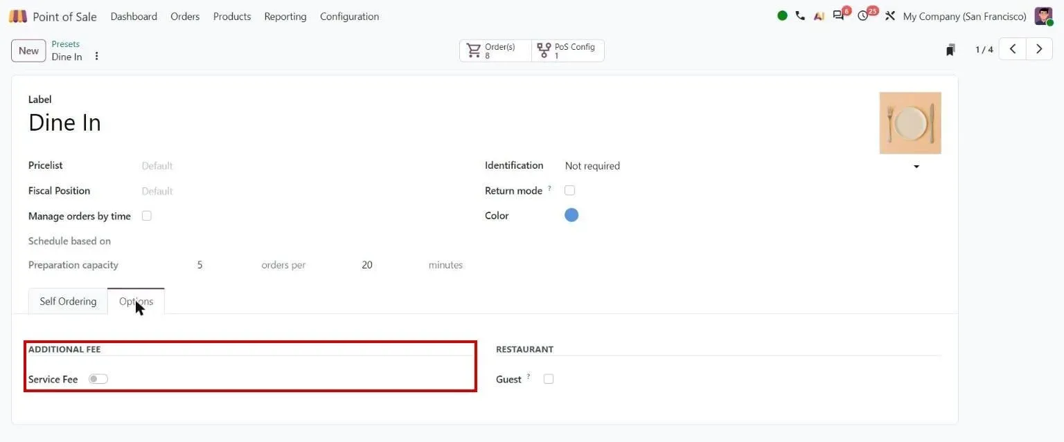 POS preset: service fee