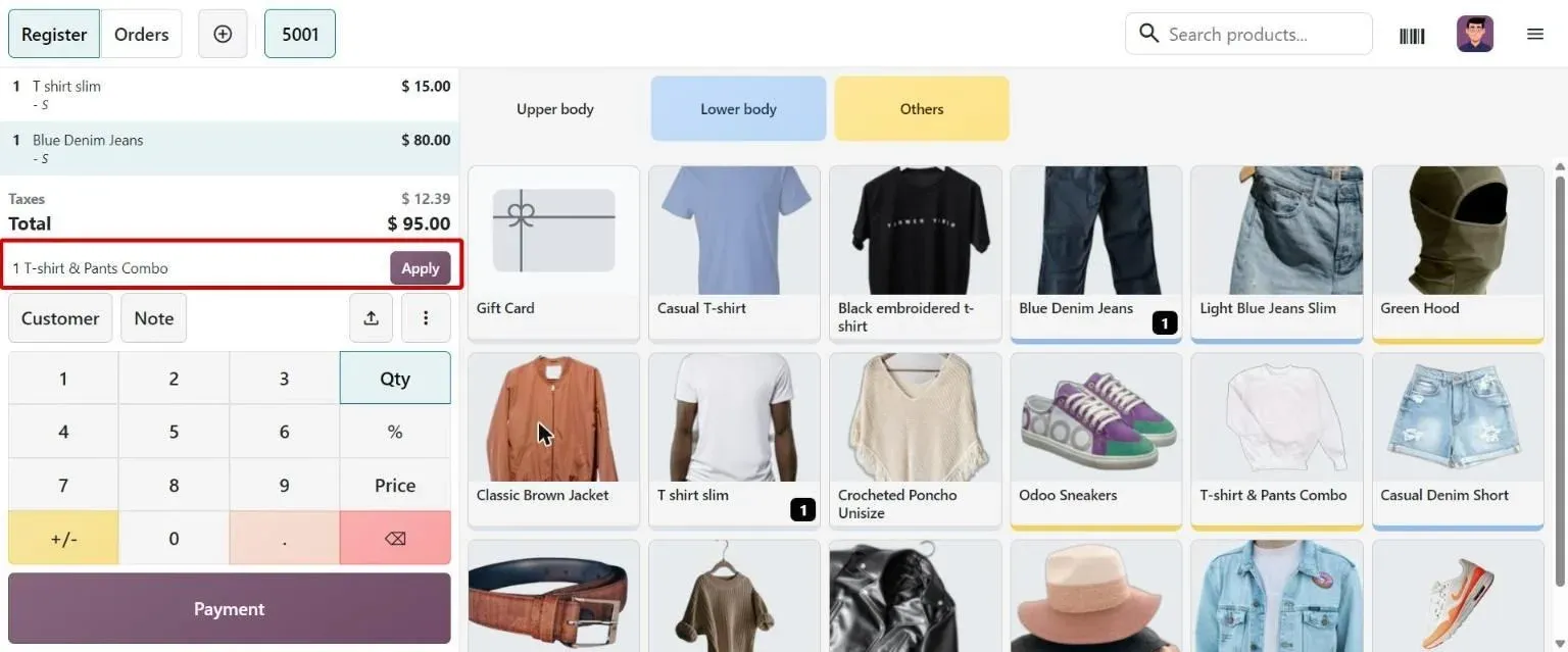 POS order suggesting T-shirt & Pants Combo with Apply button