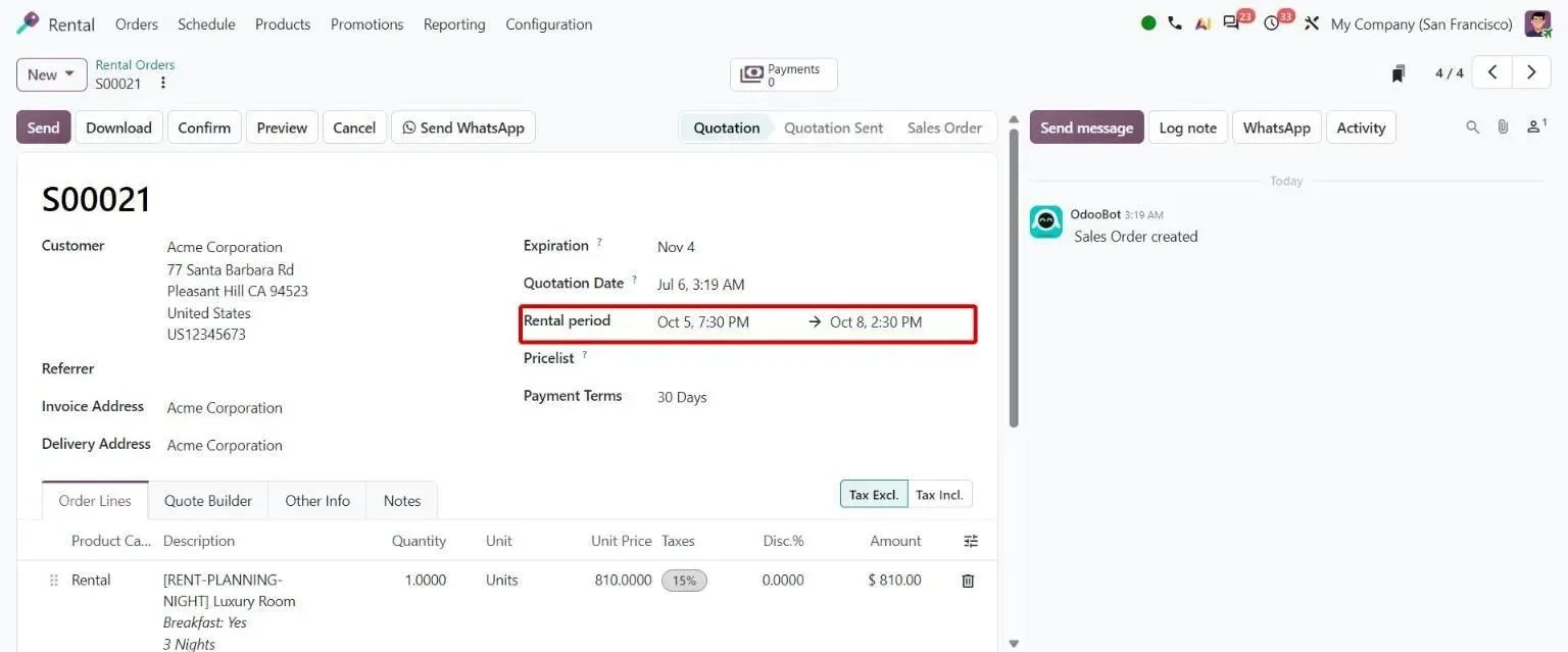 Quotation with rental product showing Rental period field under Expiration