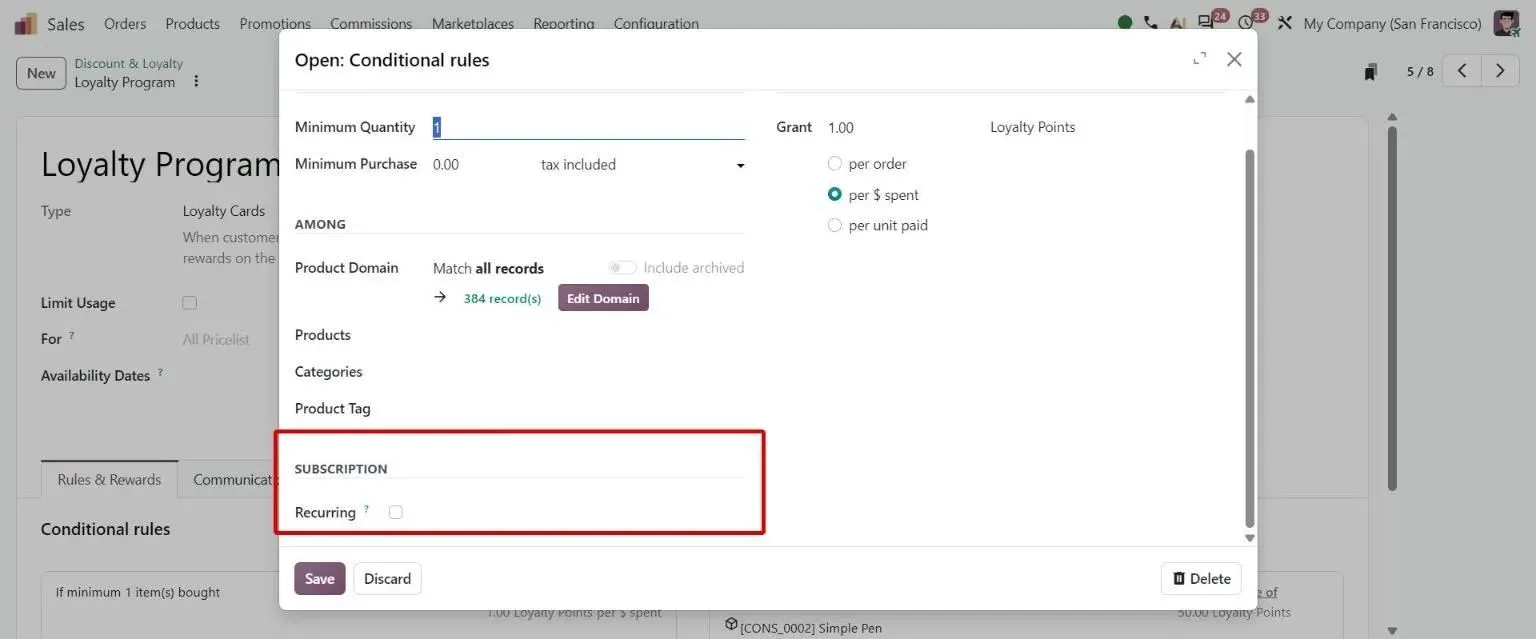 Loyalty conditional rule dialog with new Subscription Recurring checkbox
