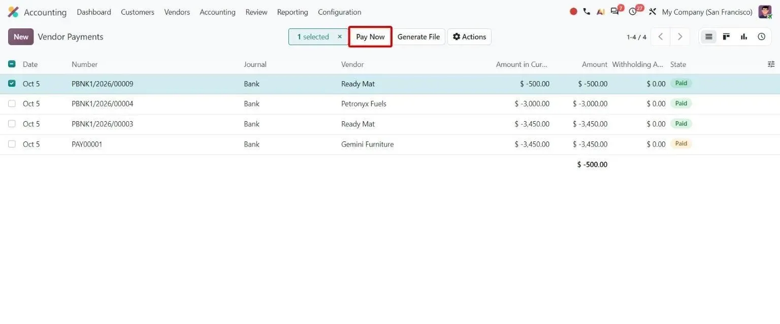 Vendor Payments list with the Pay Now button for selected payments