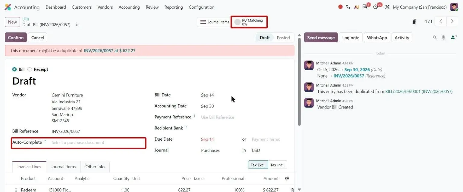 Vendor bill with Auto-Complete purchase document field and PO Matching smart button