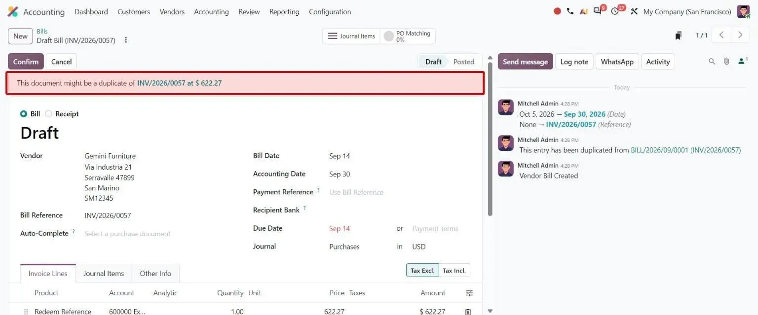 Draft vendor bill with red warning flagging a likely duplicate bill