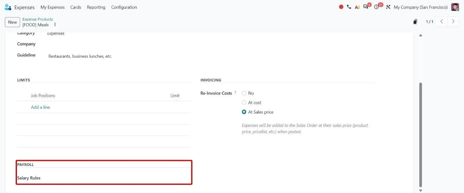 Expense category form with the new Payroll Salary Rules field