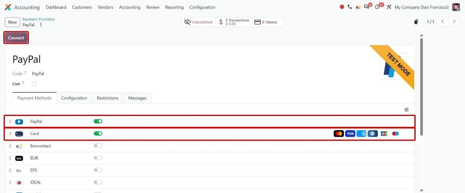PayPal provider with Connect button for OAuth onboarding and card methods