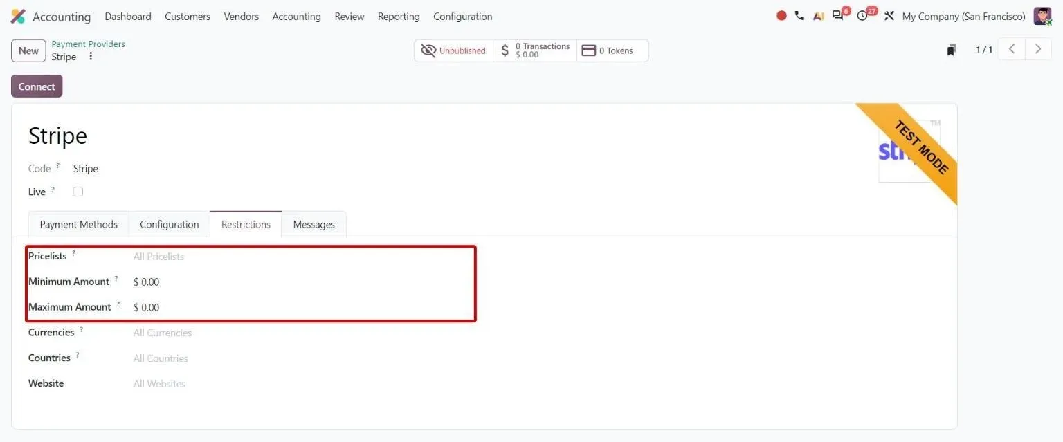 Stripe Restrictions tab with Pricelists, Minimum Amount and Maximum Amount