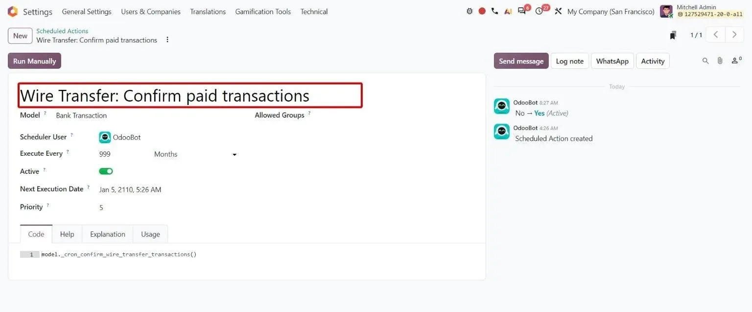 Scheduled action confirming pending wire transfers against bank transactions