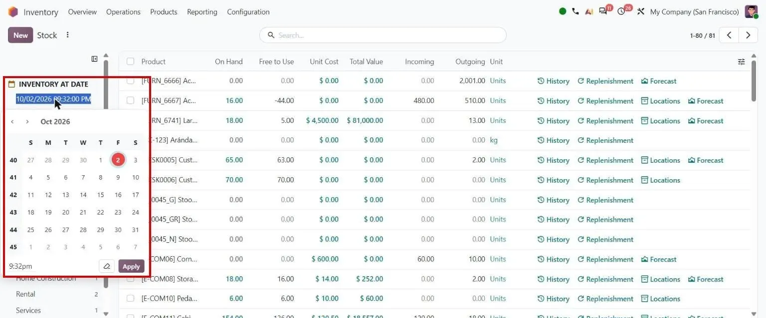 Stock report: Inventory at Date picker