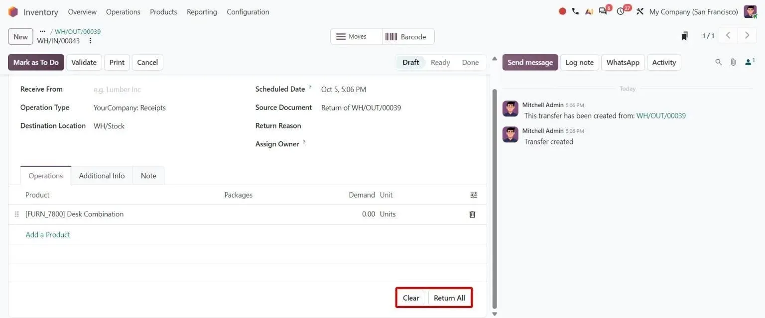 Draft return created directly with zero quantities and Return All / Clear buttons