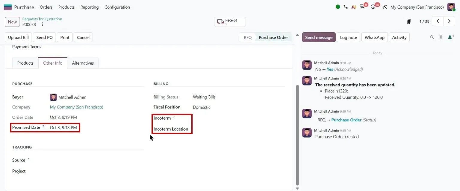 Purchase order Other Info: Promised Date, Incoterm