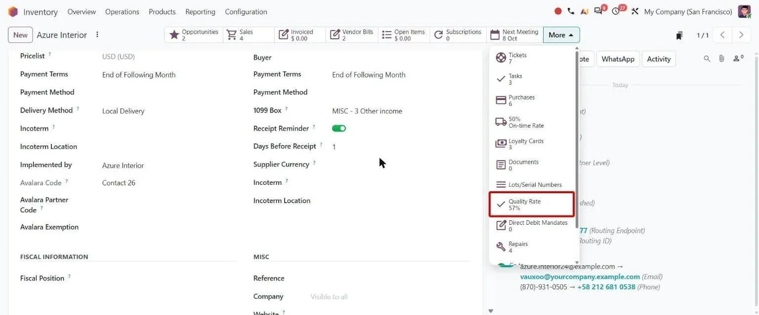 Vendor form More menu with new Quality Rate smart button (57%)