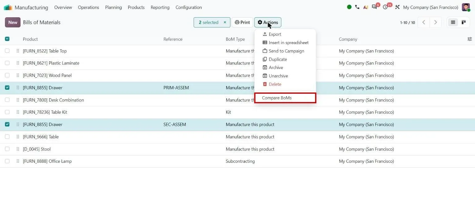 Products menu: Compare BoMs