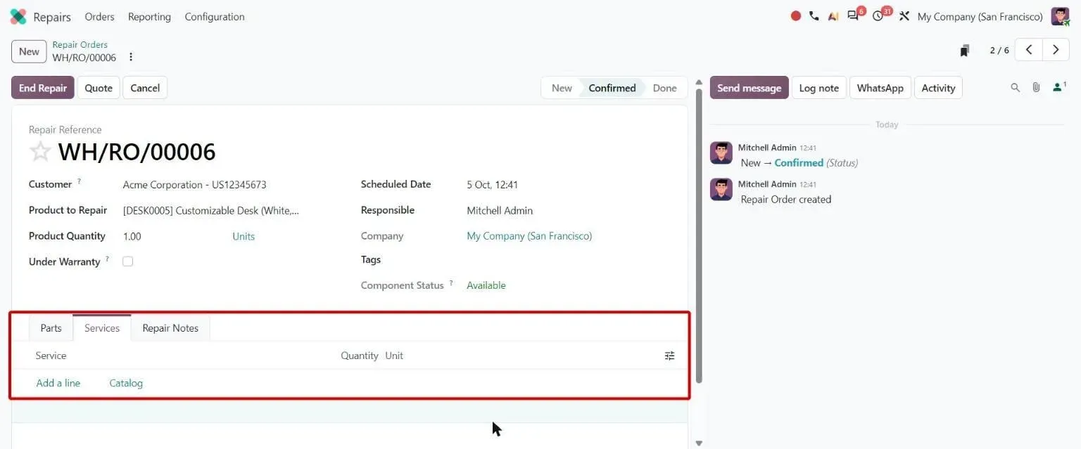 Repair order Services tab with Add a line and Catalog for labor services