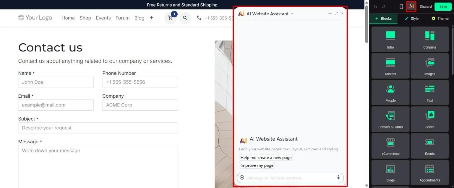 Editor AI button opens the AI Website Assistant chat with ready prompts