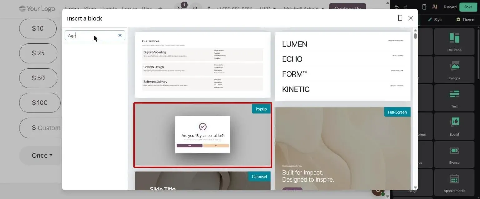Insert a block: Age verification popup asking Are you 18 years or older?