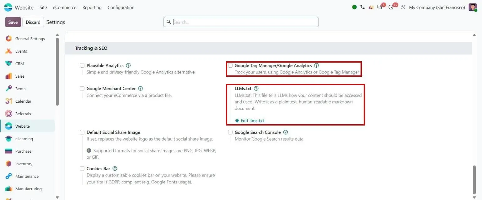 Website settings: LLMs.txt and Google Tag Manager