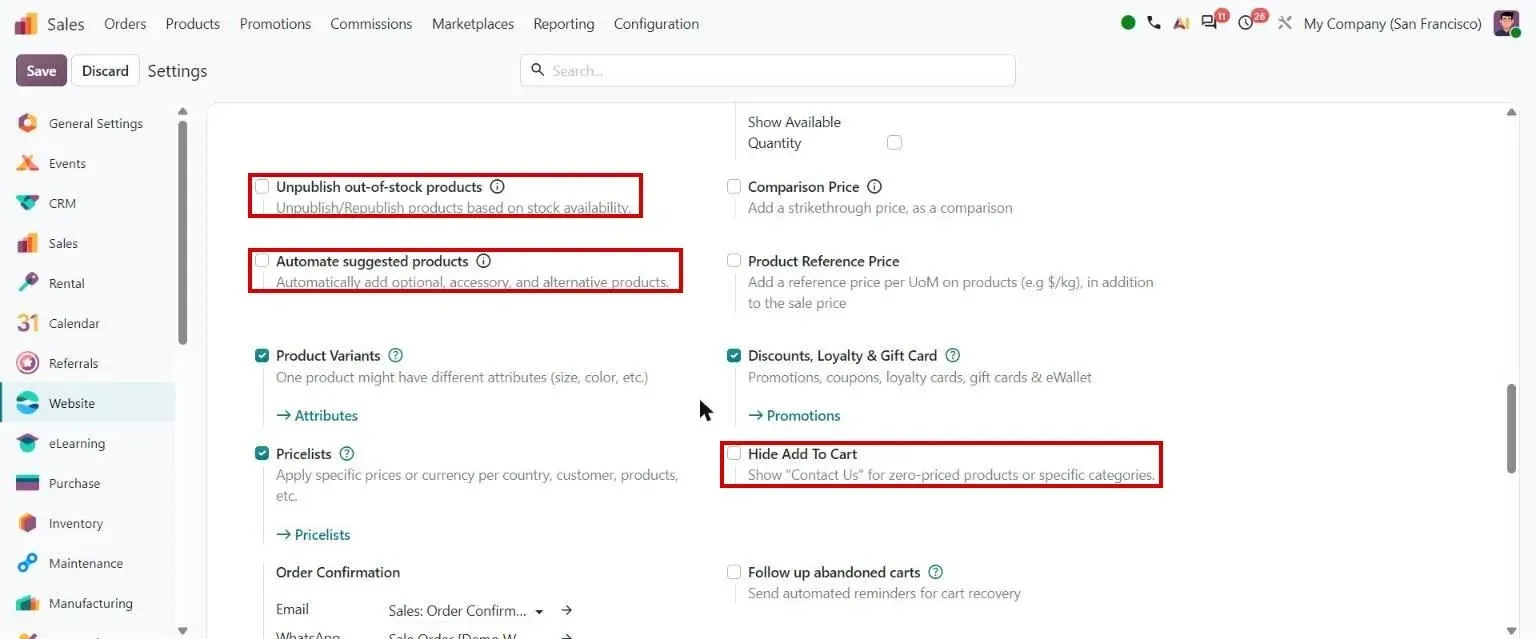 Website settings: Automate suggested products, Hide Add To Cart