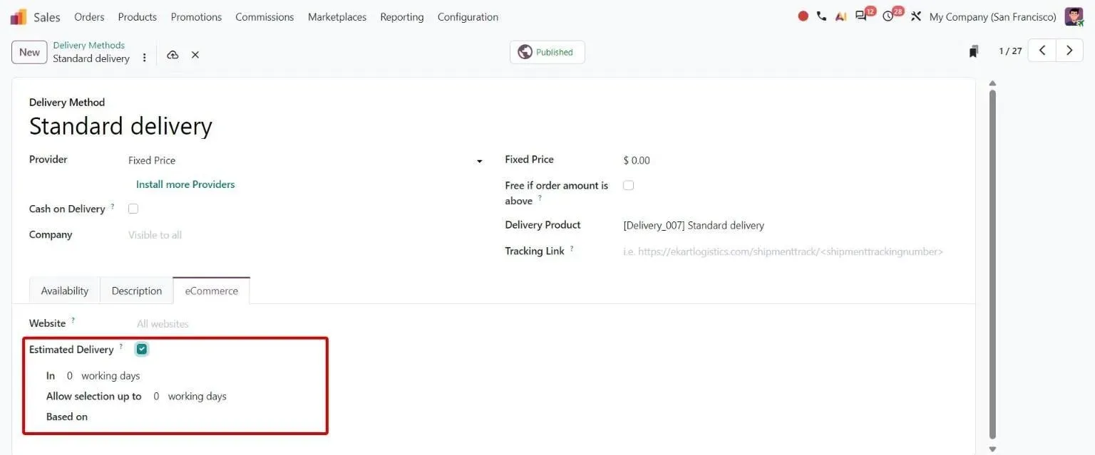 Delivery method eCommerce tab: Estimated Delivery with selectable day range