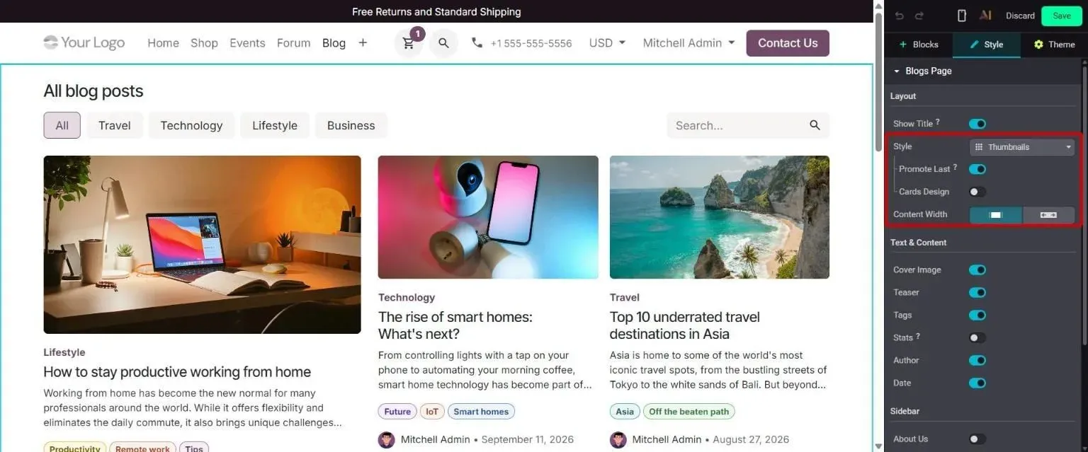 Blogs Page Style options: Style, Promote Last, Cards Design and Content Width