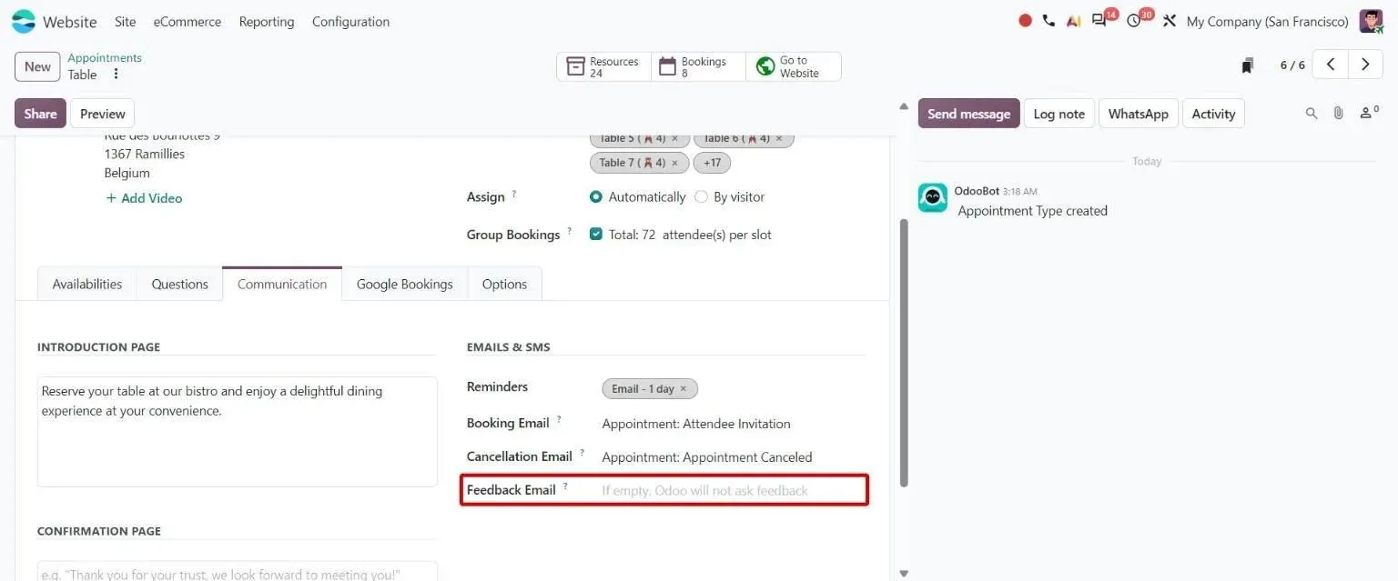 Appointment Communication tab with new Feedback Email template field