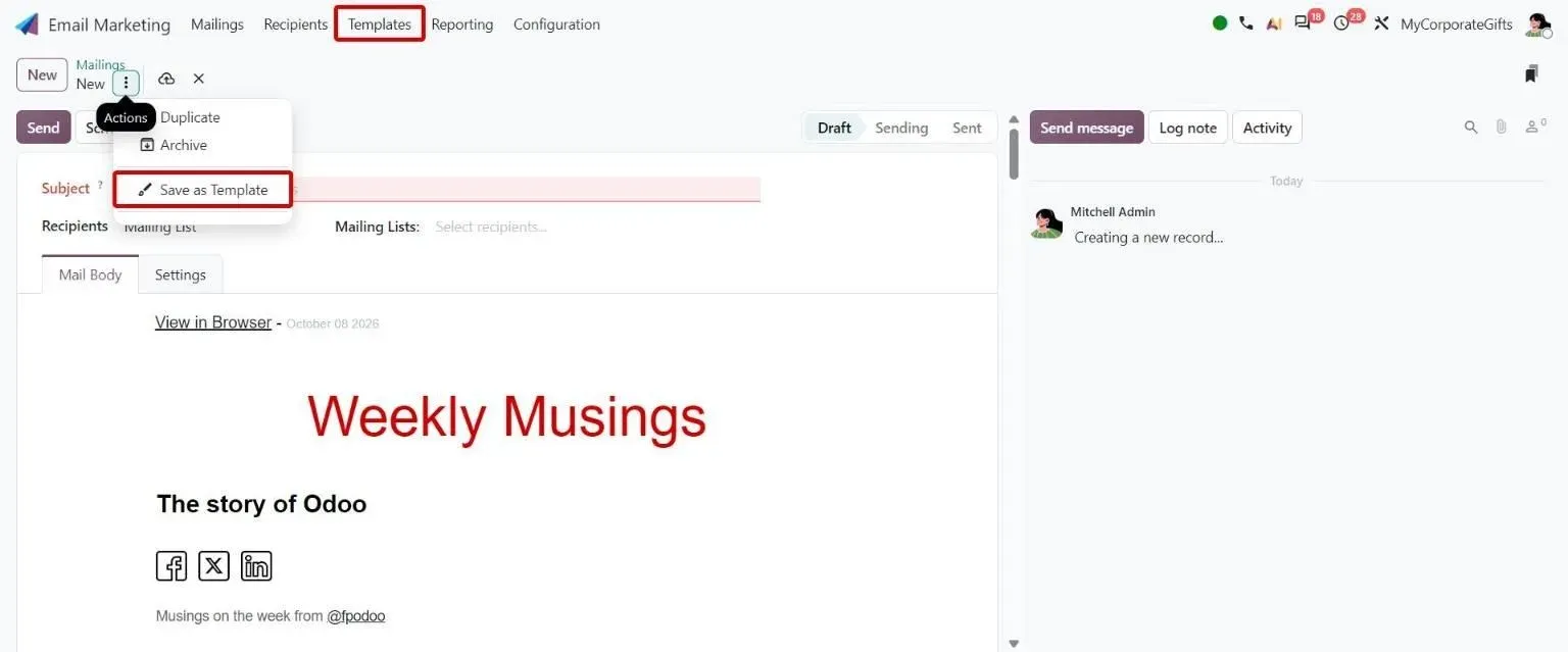 Save as Template action and the dedicated Templates menu for the mailing template library