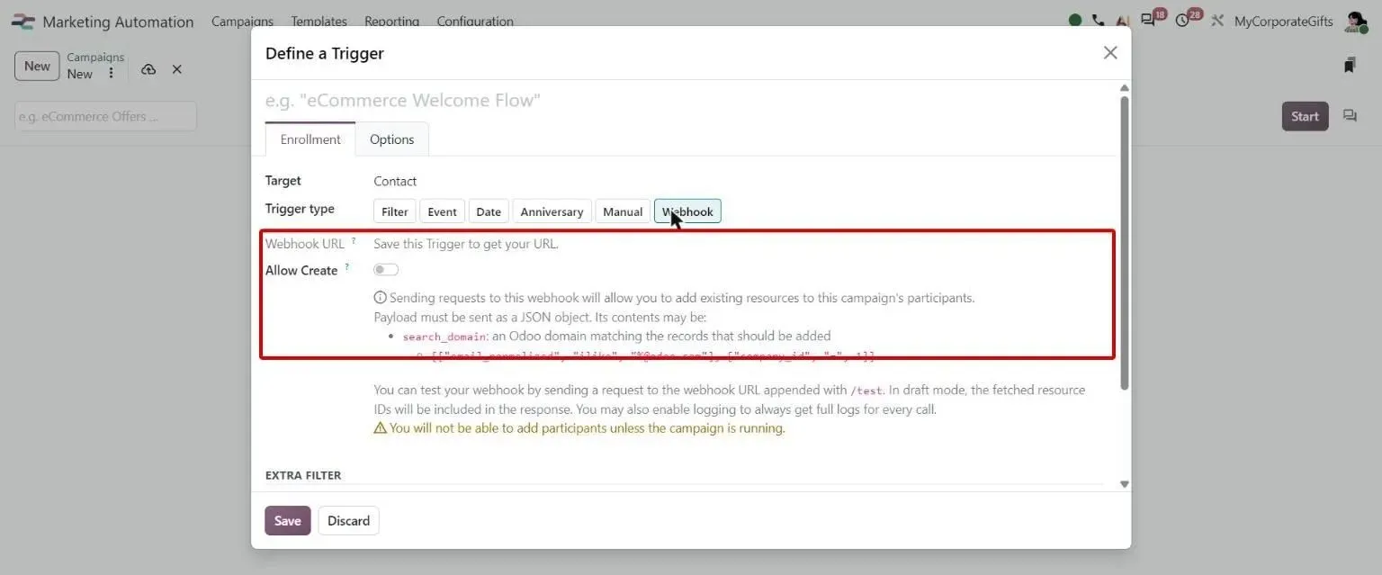 Webhook trigger generating a URL so external systems add campaign participants via JSON payload