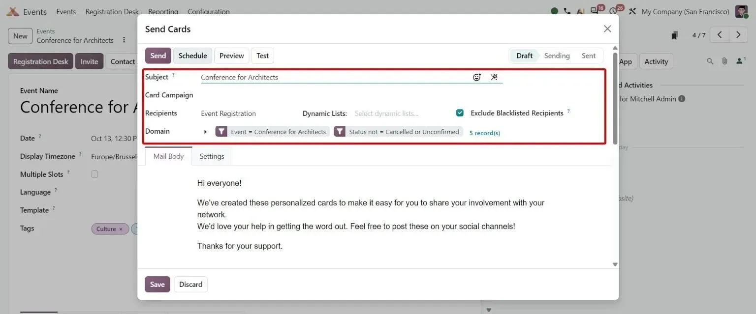 Event Send Cards wizard with Card Campaign and a Domain defining recipient conditions