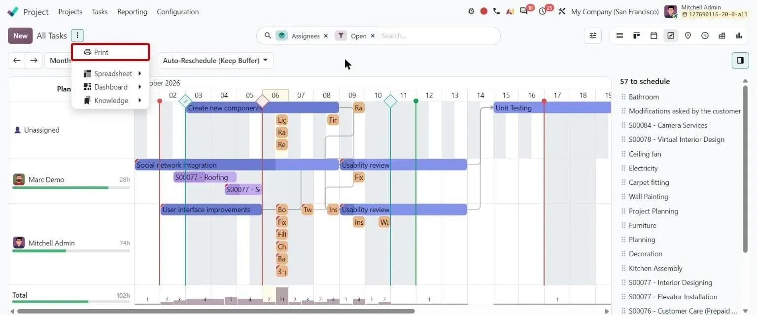 Task Gantt view action menu with the new Print option
