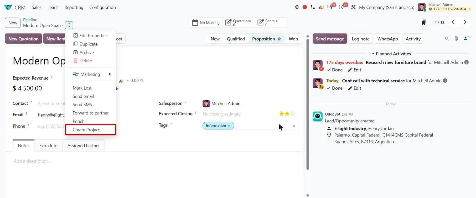 CRM opportunity action menu with the new Create Project option