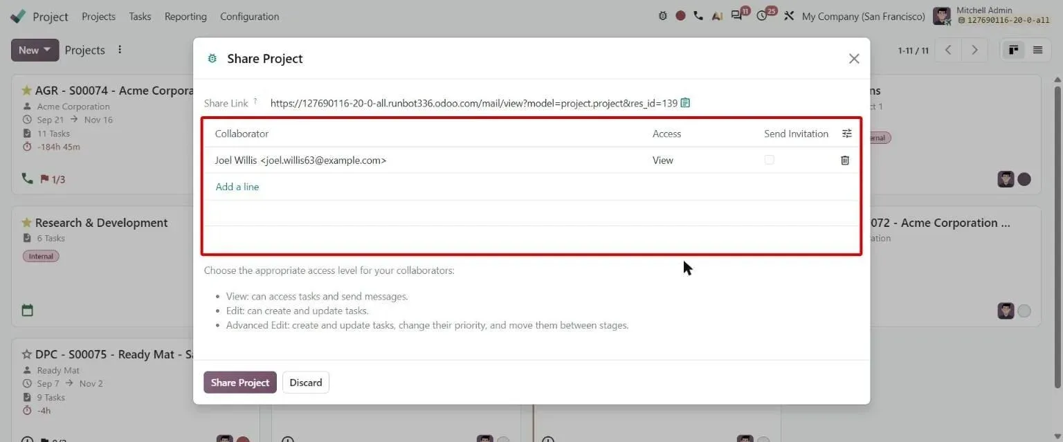 Share Project dialog listing collaborators with their portal access level