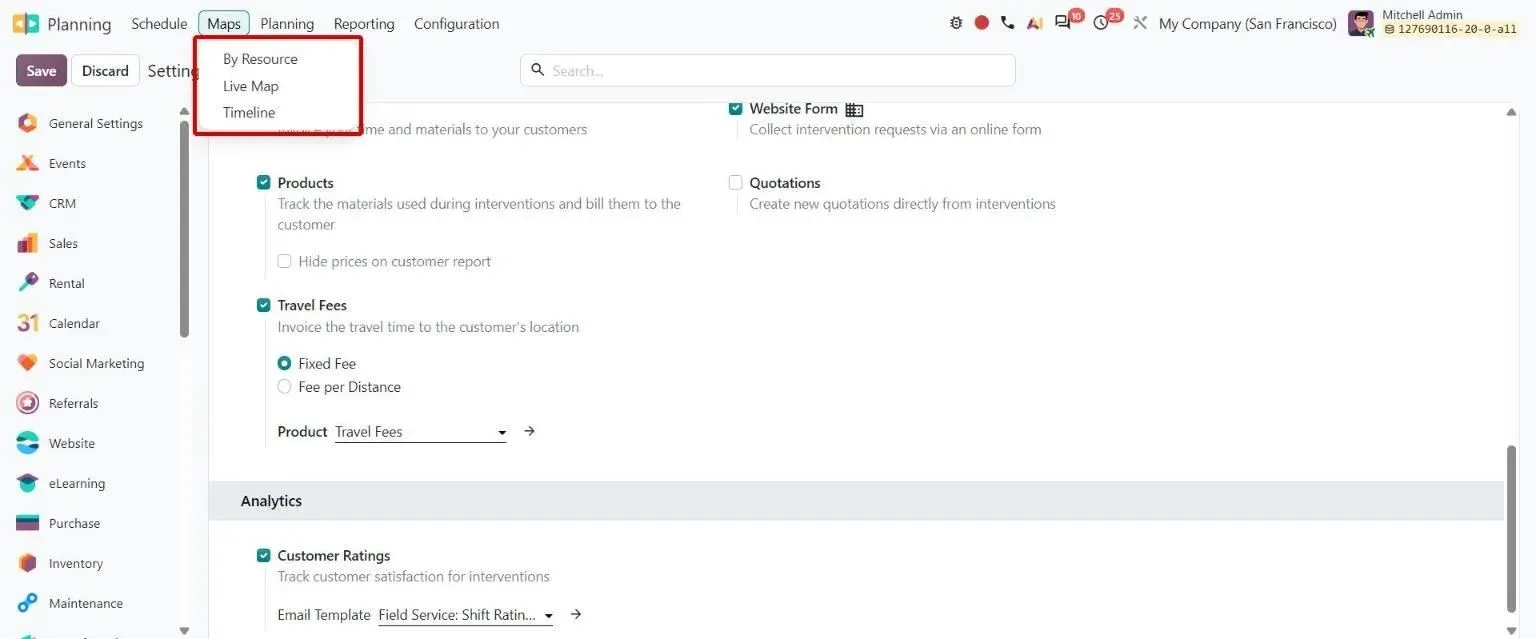 Planning app Maps menu with By Resource, Live Map and Timeline
