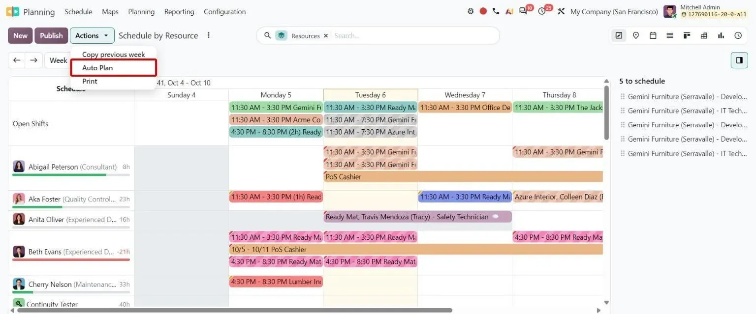 Planning Schedule by Resource: Actions menu with Auto Plan option