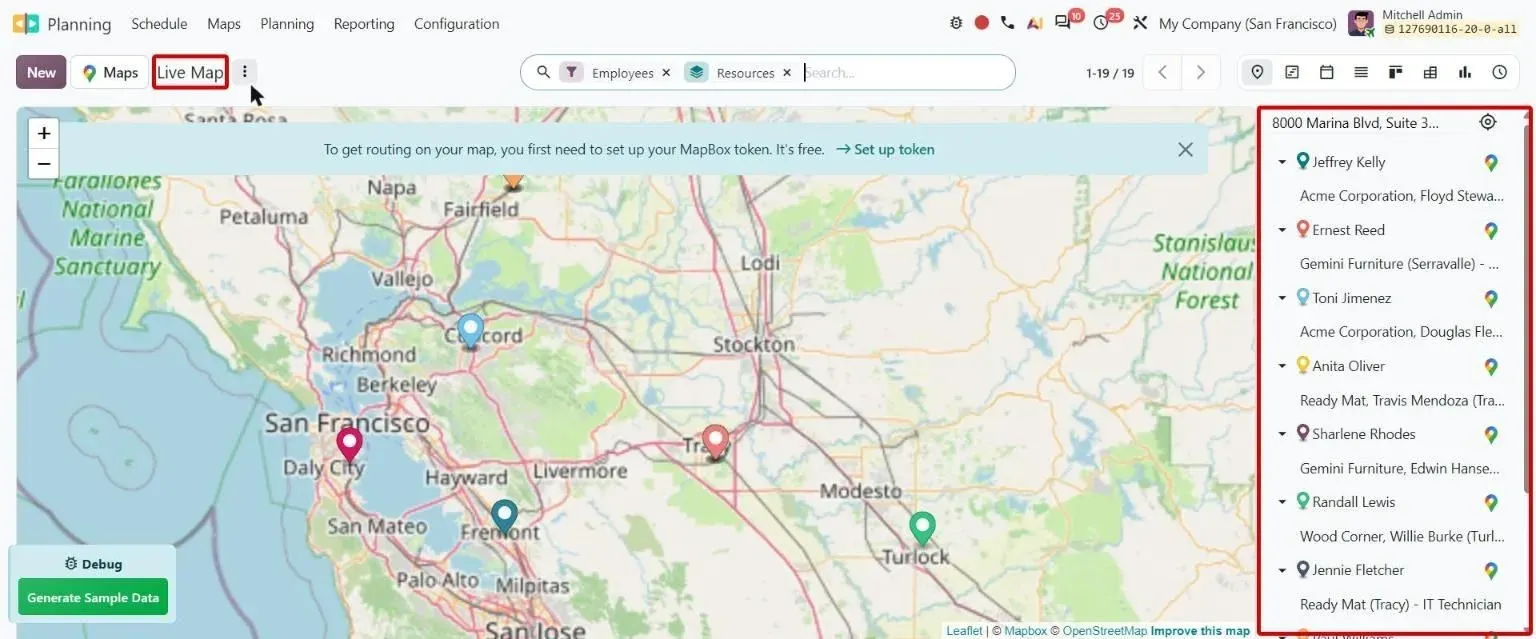 Live Map showing technician locations with their current interventions listed