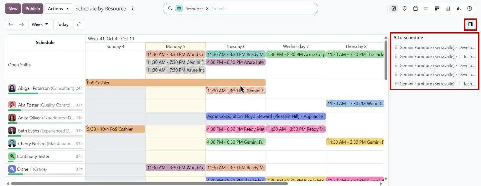 Planning Gantt: unscheduled shifts side panel