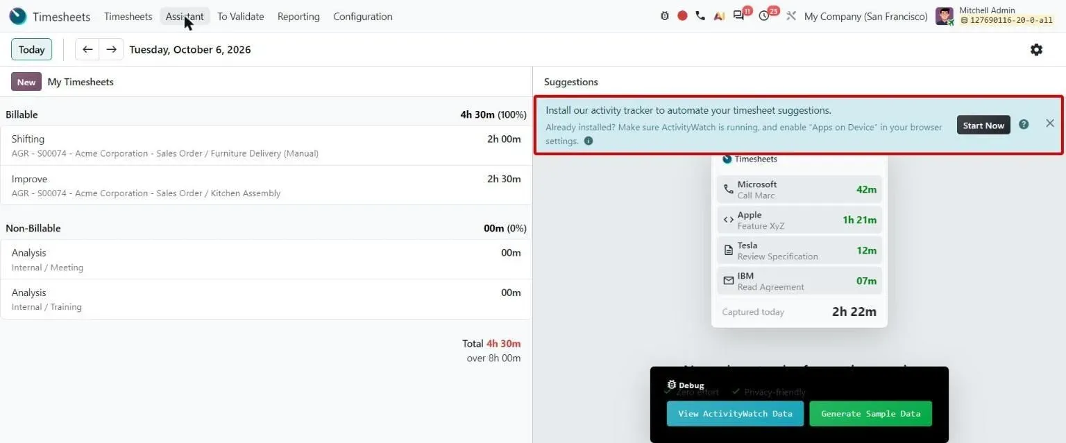 Timesheets Assistant prompting to install the ActivityWatch tracker for suggestions