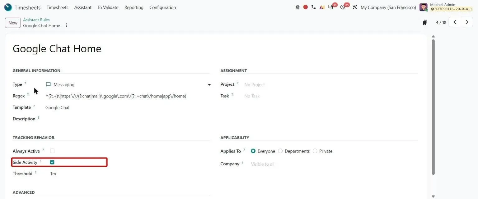 Assistant rule form with the Side Activity option under Tracking Behavior