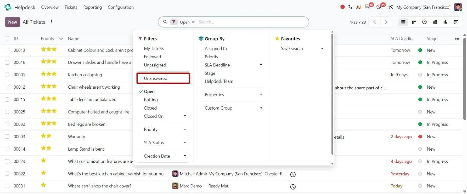 Helpdesk ticket search filters with the new Unanswered filter