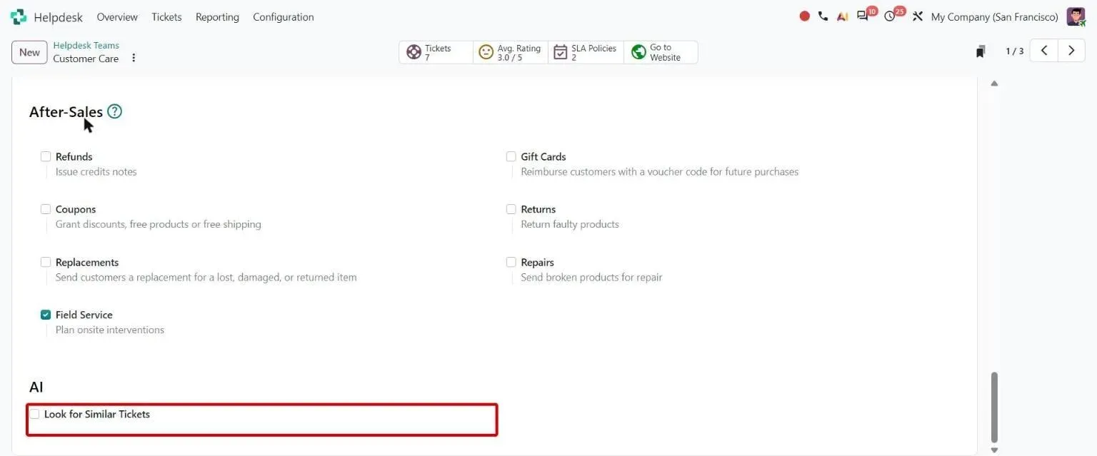 Helpdesk team settings with the new AI option Look for Similar Tickets