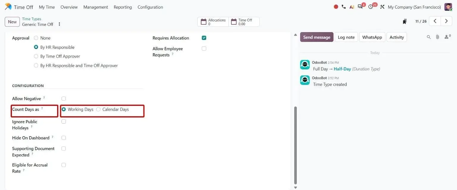 Time type Count Days as option: Working Days or Calendar Days