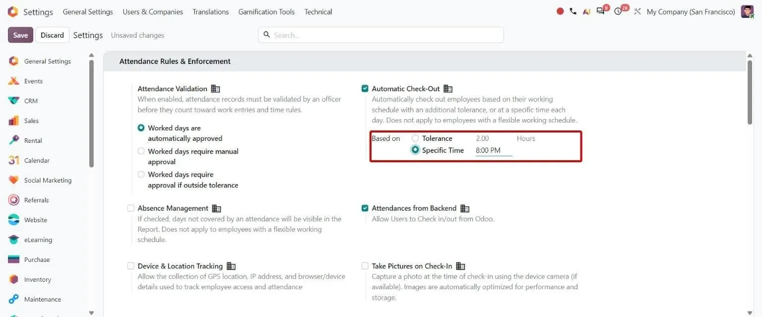 Attendance settings: Automatic Check-Out based on a Specific Time