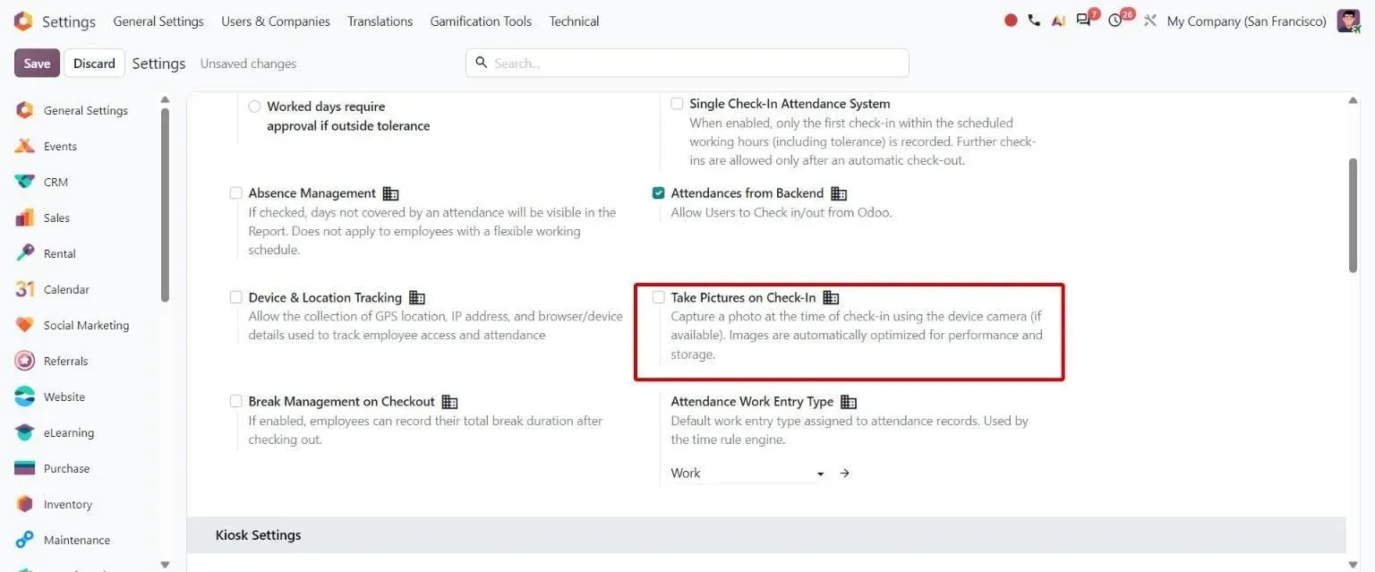 Attendance settings: Take Pictures on Check-In option
