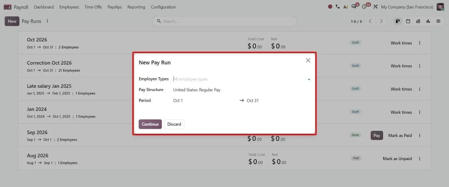 New Pay Run guided dialog: employee types, pay structure and period