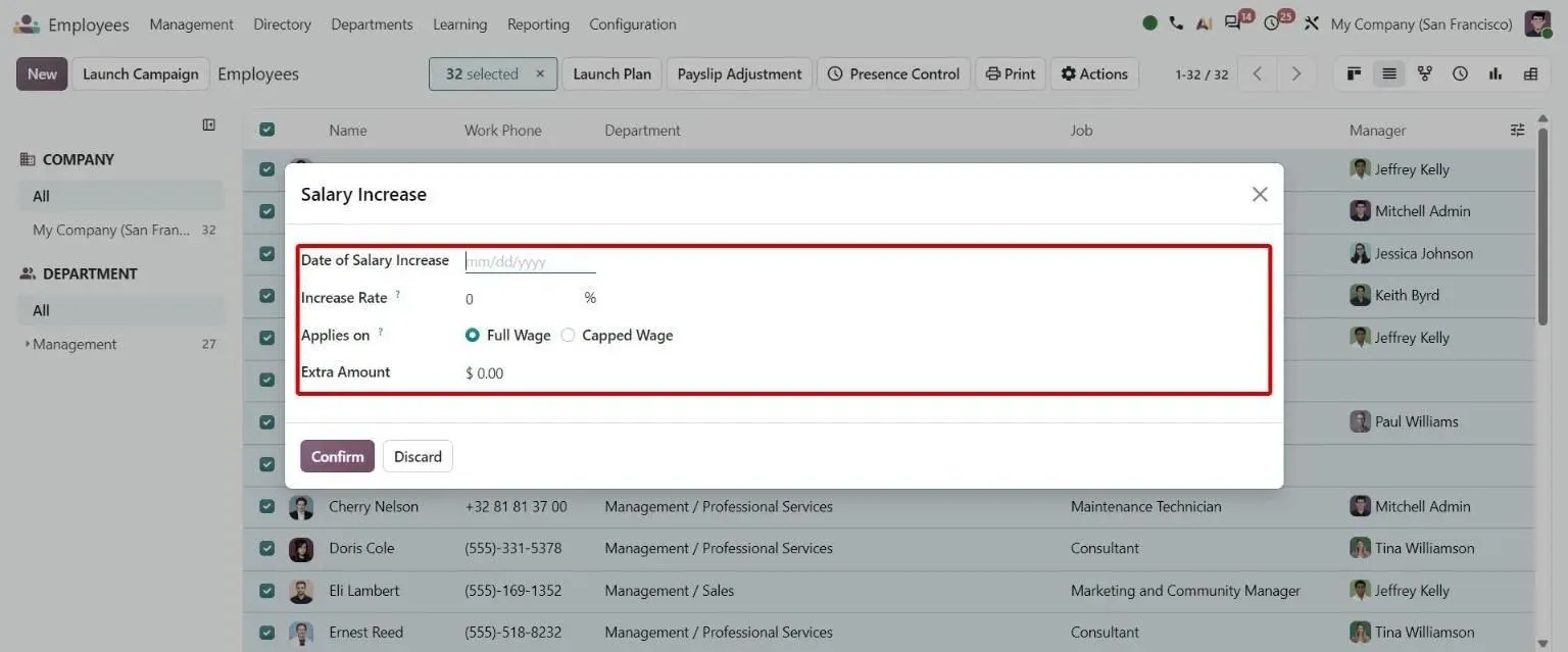 Bulk Salary Increase wizard with date, rate, Full/Capped Wage and extra amount
