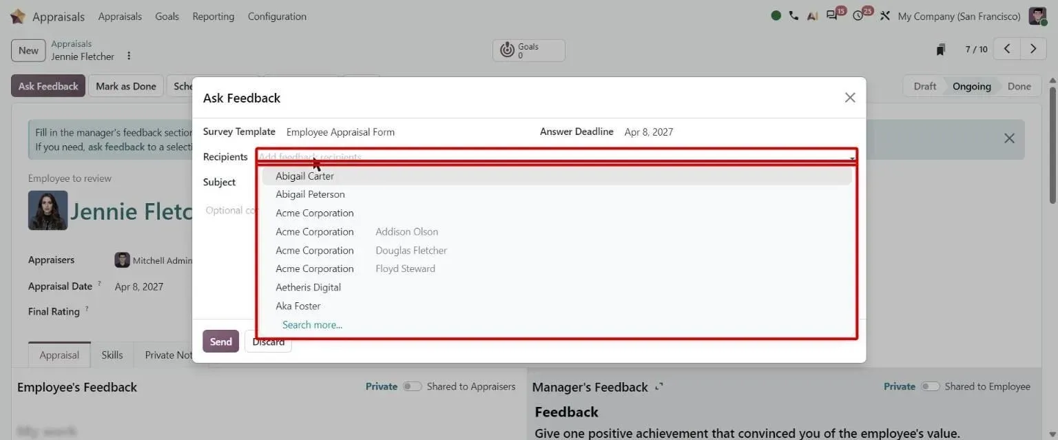 Ask Feedback Recipients list including external companies and partner contacts
