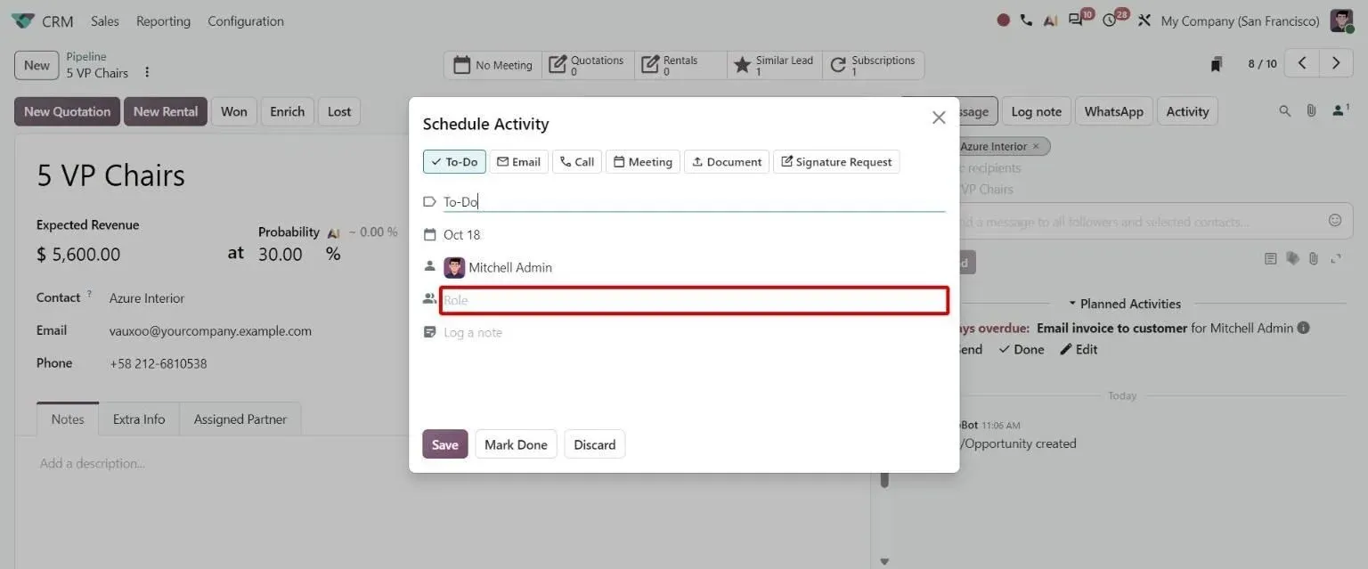 Redesigned Schedule Activity dialog with type buttons and new Role assignment field