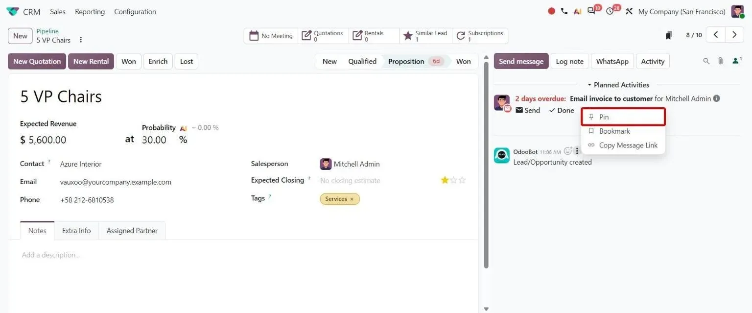 Chatter message actions menu with the Pin option