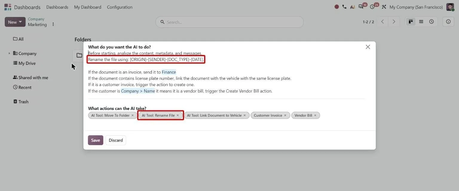 Documents Auto-sort AI prompt with a file renaming rule and Rename File tool